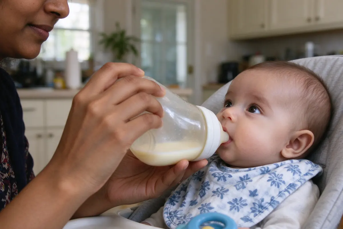 Close on the mother's hands tipping the bottle down and away from the baby's mouth mid-feed, the baby looking up at her face, a small amount of milk left in the bottle.