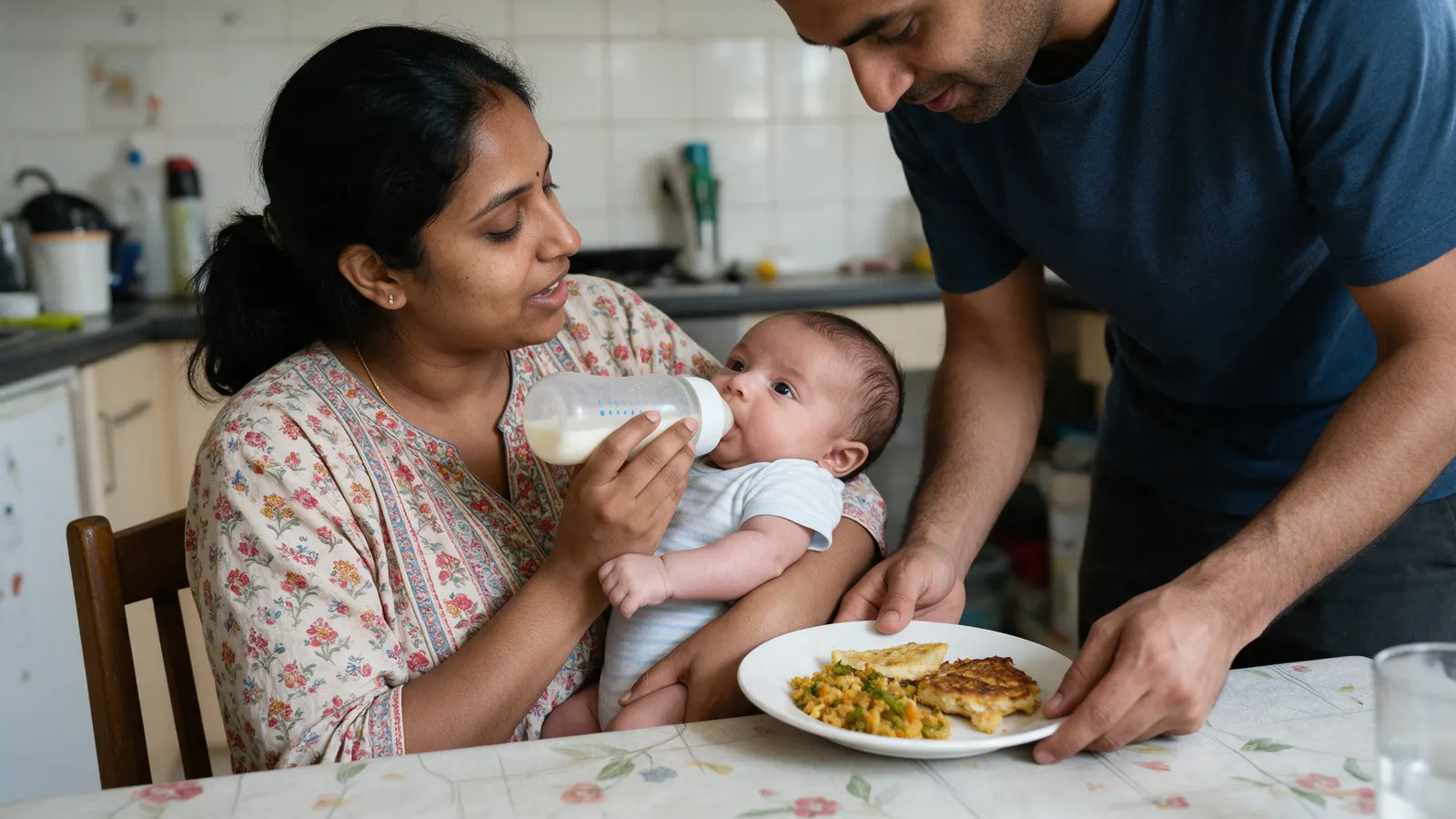 A South Asian mother at a kitchen table in flat midday light holds her ten-week-old semi-upright with a half-full bottle tipped level, the father setting a plate of food beside her elbow.
