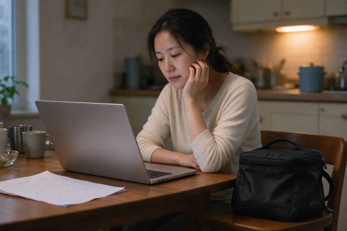 The mother at a laptop at the kitchen table in evening light, a handwritten page beside it listing times, a pump bag packed and zipped on the chair next to her.