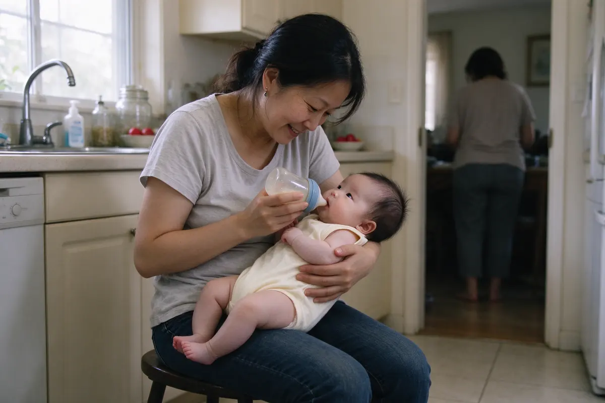 The aunt on the kitchen stool holds the baby close and upright with a bottle, the baby studying her face, the mother's back visible through the doorway to the next room.
