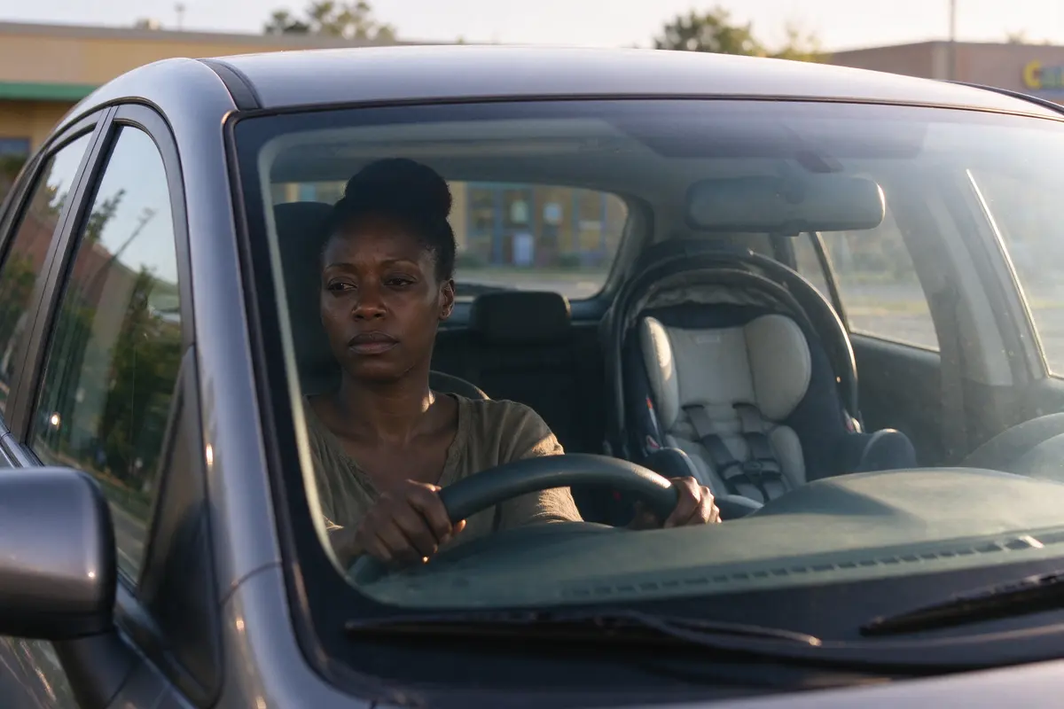 The mother alone in the driver's seat in the center's parking lot, hands on the wheel, the empty rear-facing car seat in the back, morning light through the windshield.