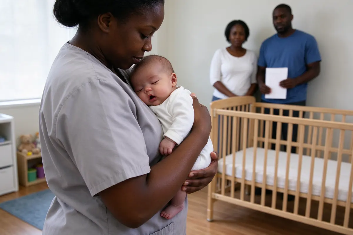 The caregiver settles the baby against her shoulder beside a bare crib while the parents watch from across the room, the father holding a single handwritten page.