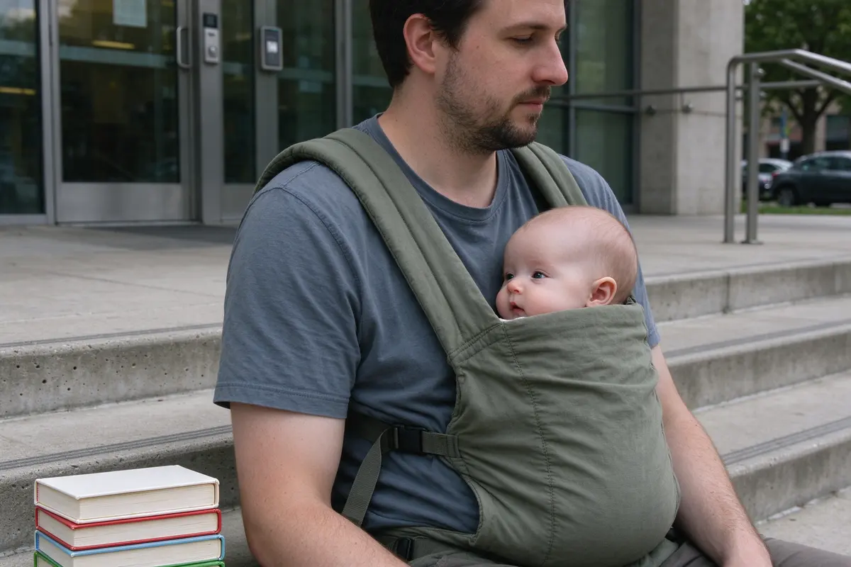 One father sits alone on the front steps of a public library with a stack of board books beside him, a carrier on his chest with the baby's face visible and turned to the side.
