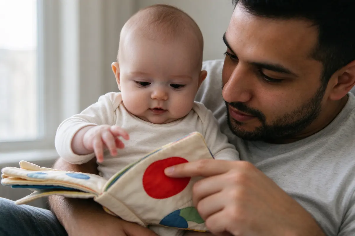 Close on the baby on the father's lap, one hand batting at the open cloth book's page, the father's finger pointing at a bright red picture, both looking at it.