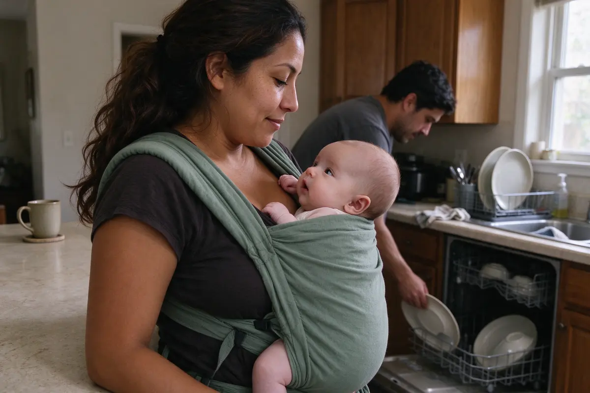 The mother at the kitchen counter with a mug set far back from the edge, the baby in a carrier on her chest with their face visible and turned aside, the father loading the dishwasher behind her.