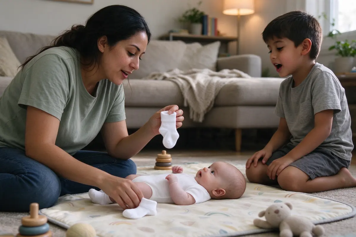 The mother holds up a tiny sock toward the baby on the mat and talks to them mid-fold, the baby's eyes on her face, the brother kneeling at the edge of the mat singing.