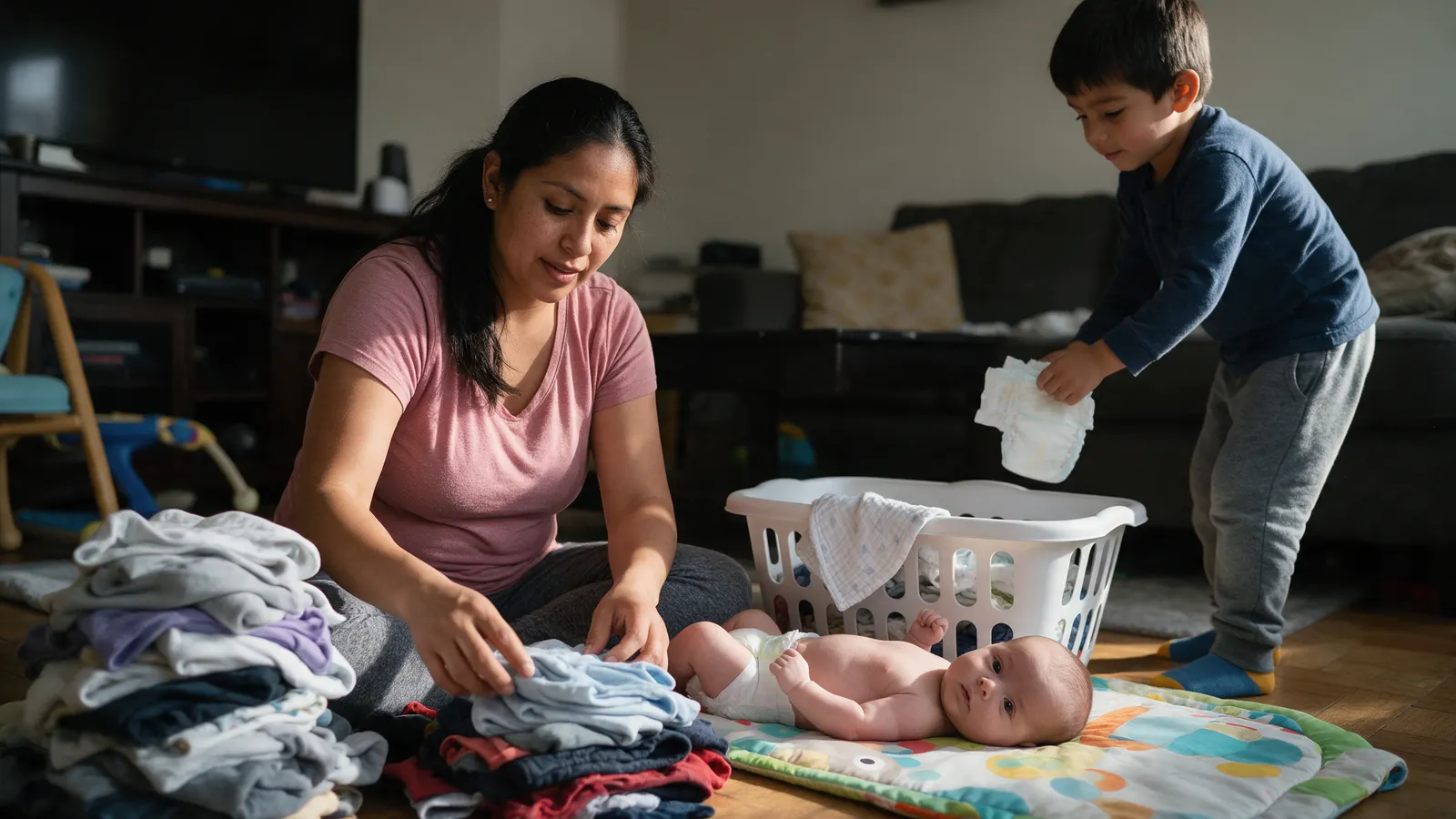 A Latina mother folds laundry on a living-room floor in afternoon light, her eleven-week-old on a play mat beside the basket holding a washcloth, a five-year-old brother bringing a diaper.