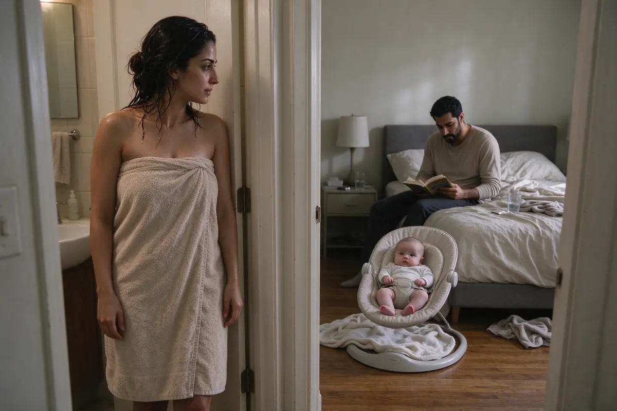 The mother in a towel with wet hair in a bathroom doorway, looking across the hall at the baby awake and buckled in a bouncer on the floor beside the bed, the father reading on the bed.