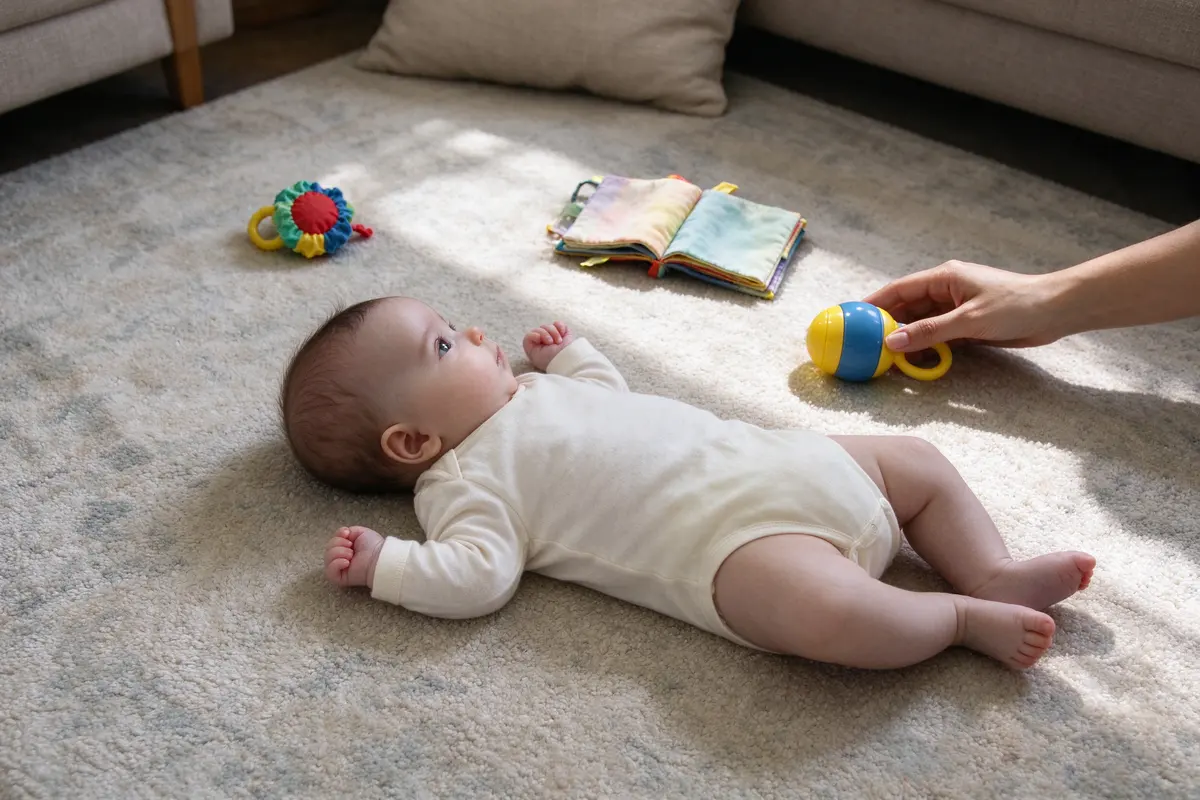 From above: the baby on their tummy at the center of a half circle of a rattle, a cloth book, and a crinkly toy, the mother's hand nudging the rattle a little to one side.