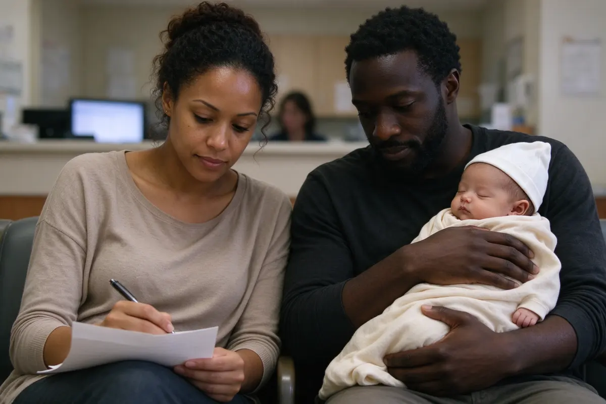 The mother in a clinic waiting room writing on a folded sheet of paper on her knee, the father beside her holding the baby against his shoulder, a reception desk out of focus behind.