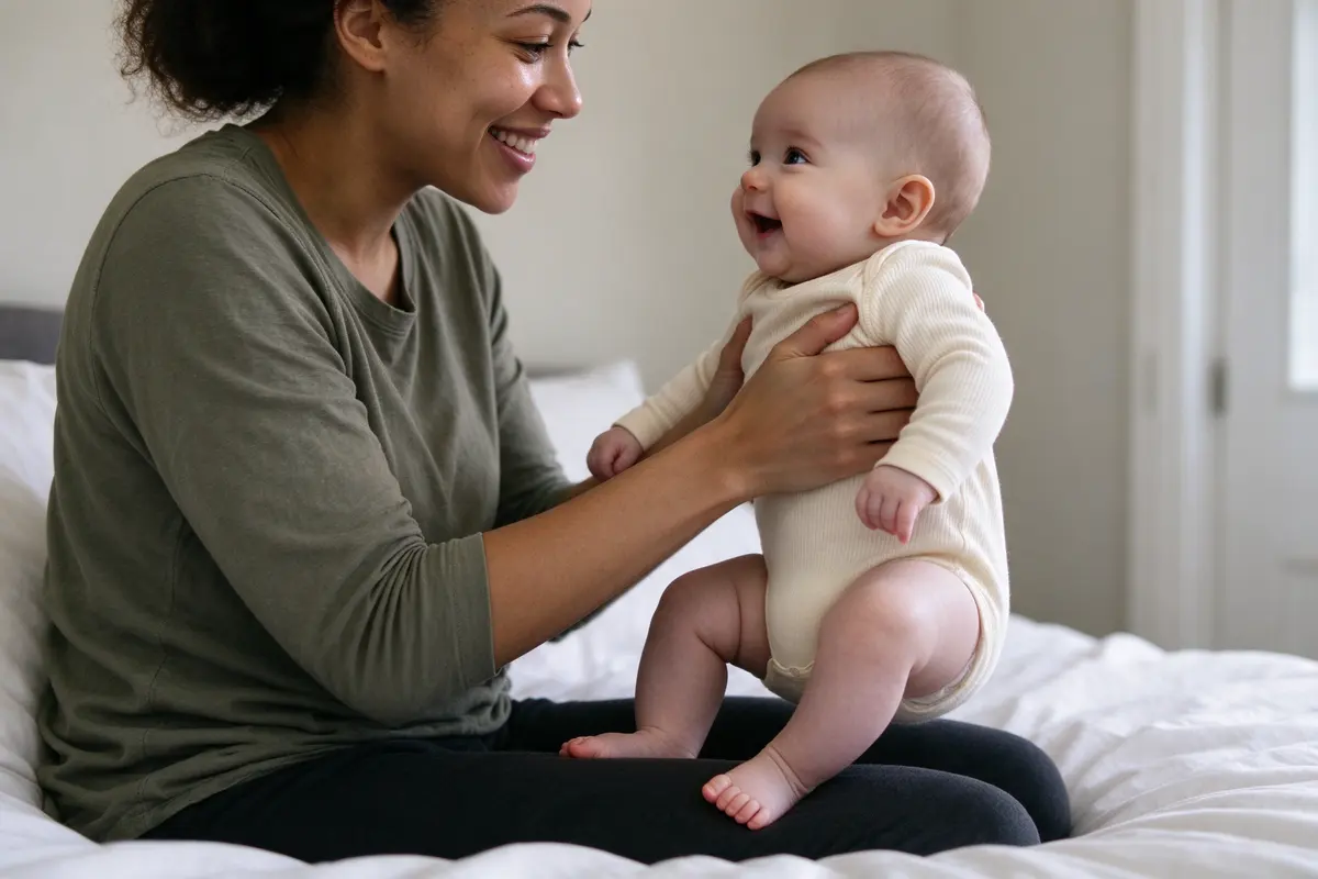 Close on the baby held firmly under the arms facing the mother, knees bent and bare feet planted on her thighs mid-bounce, the baby's head steady and eyes on her face.