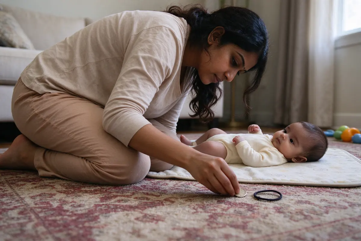 The same mother kneeling low on the rug, eye level with the floor, picking a stray coin and a hair tie off the carpet while the baby watches from a play mat behind her.