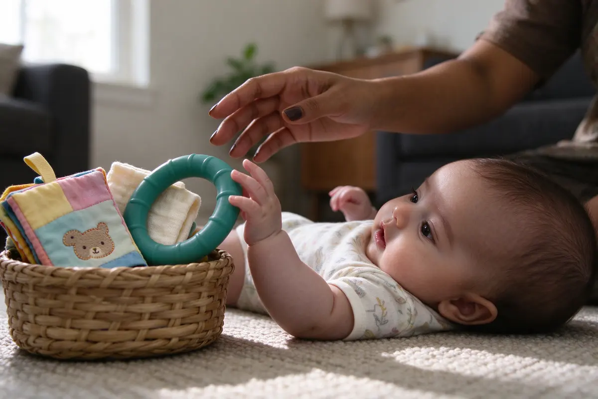 A small open basket on the rug holding a cloth book, a large rubber ring, and a folded washcloth, the baby reaching for the ring with the mother's hand ready beside it.