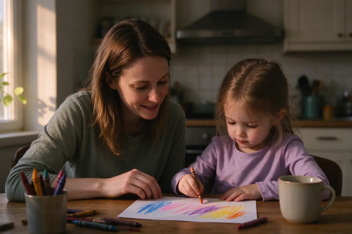 The mother and the four-year-old alone at the kitchen table with crayons and a half-colored page, the baby out of frame, late-afternoon light.