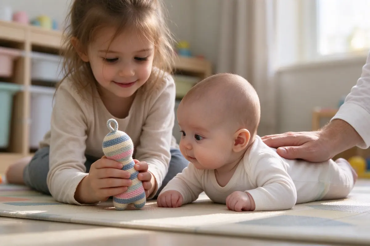 The sister holds a soft striped toy in front of the baby, who lifts their head on forearms to look at it, the father's hand resting on the baby's back.