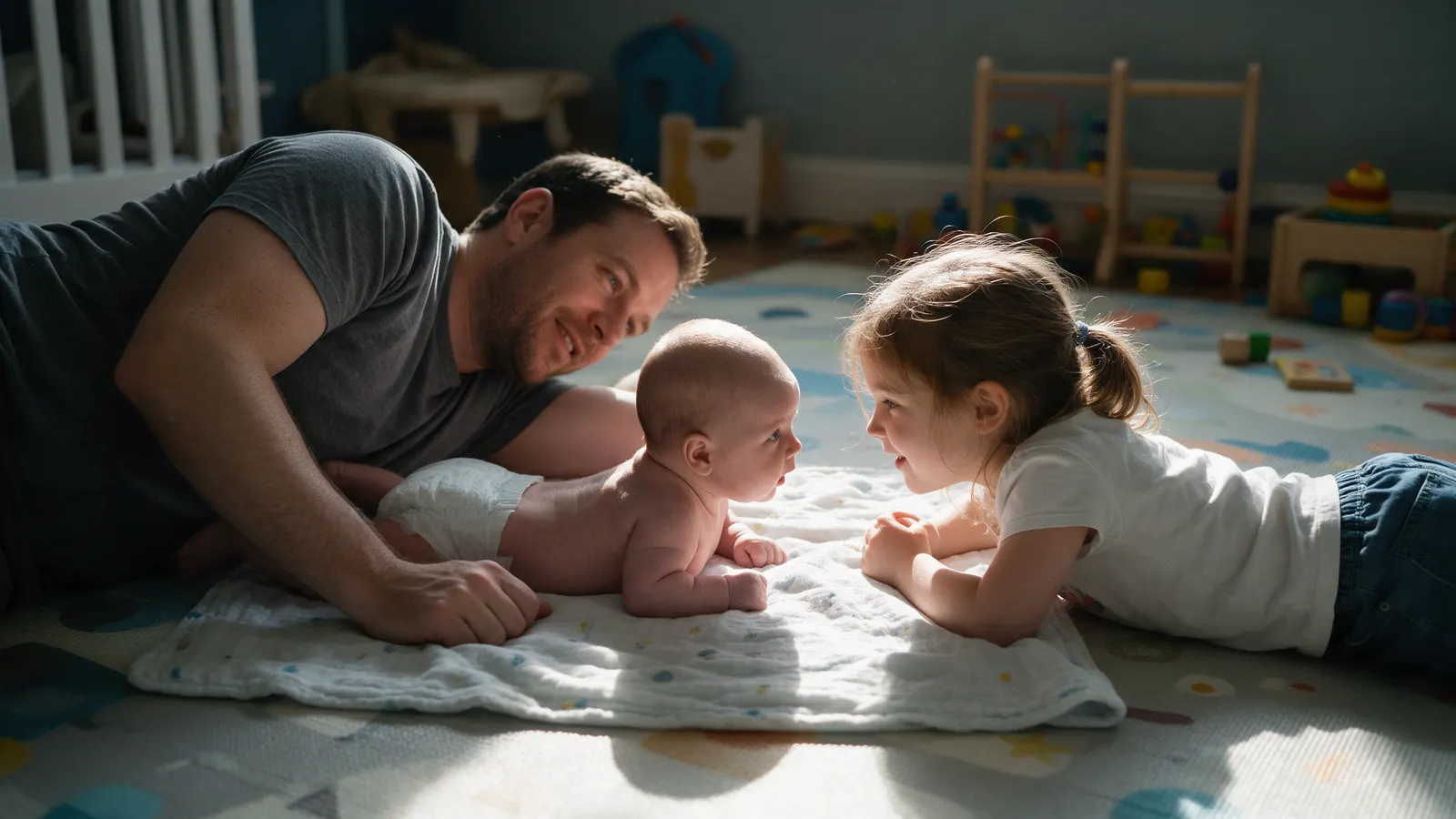 A white father lies on his side on a playroom floor beside his twelve-week-old in tummy time while a four-year-old sister lies face to face with the baby, afternoon light.
