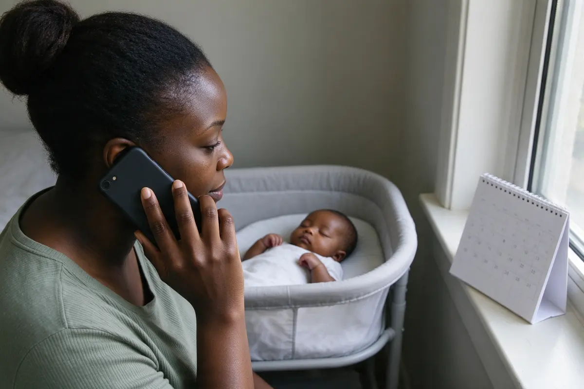 The mother on the phone at a sunny window, a paper calendar on the sill, the baby asleep on their back in a bare bassinet behind her.