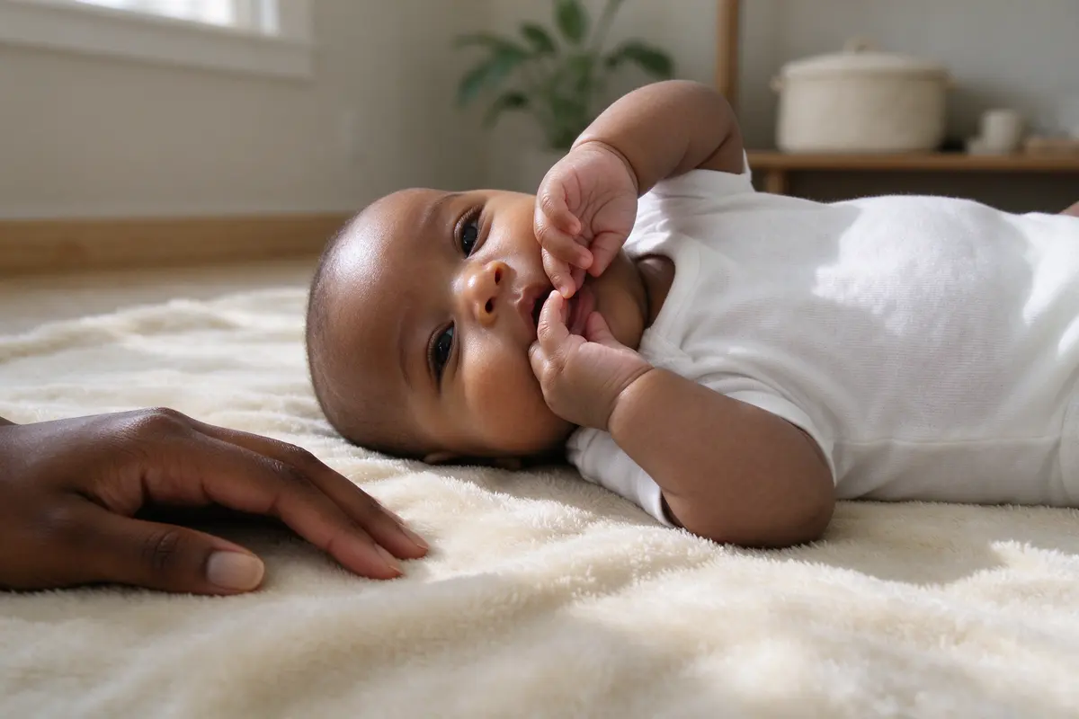 Close in on the baby on the blanket bringing both open hands to the mouth, the mother's hand resting still on the blanket's edge a few inches away.