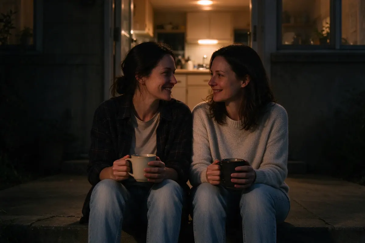 The two mothers on the back step after dark with mugs, shoulders touching, the kitchen lit behind them, no baby in frame.