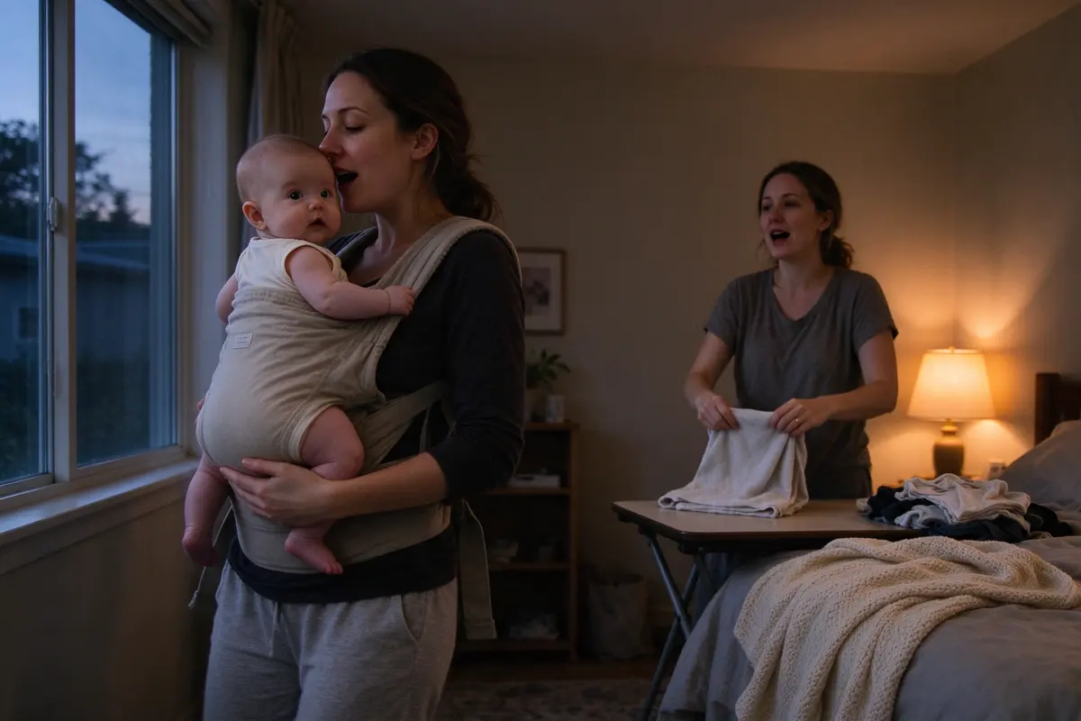 One mother sways by the window singing to the baby held upright against her chest while the other, across the room folding laundry, sings the same song back.