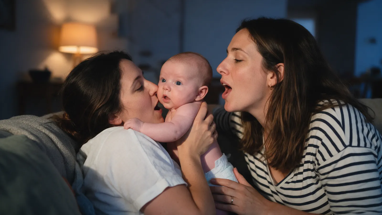Two mothers on a couch at dusk with a lamp on, one holding their twelve-week-old upright against her shoulder, the other leaning in to sing, all three faces close.