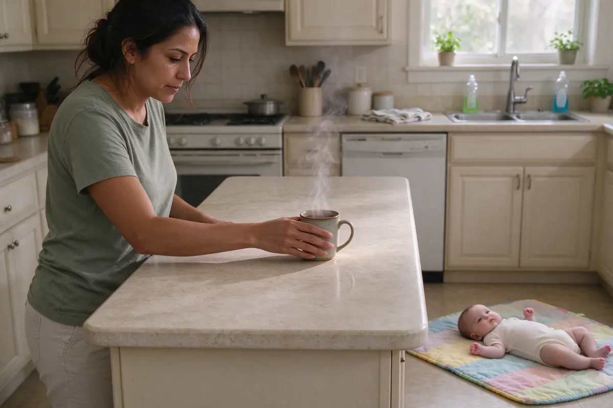 The mother at a kitchen counter sliding a steaming mug to the back wall of the counter with one hand, the baby on a play mat on the floor well away from the island.