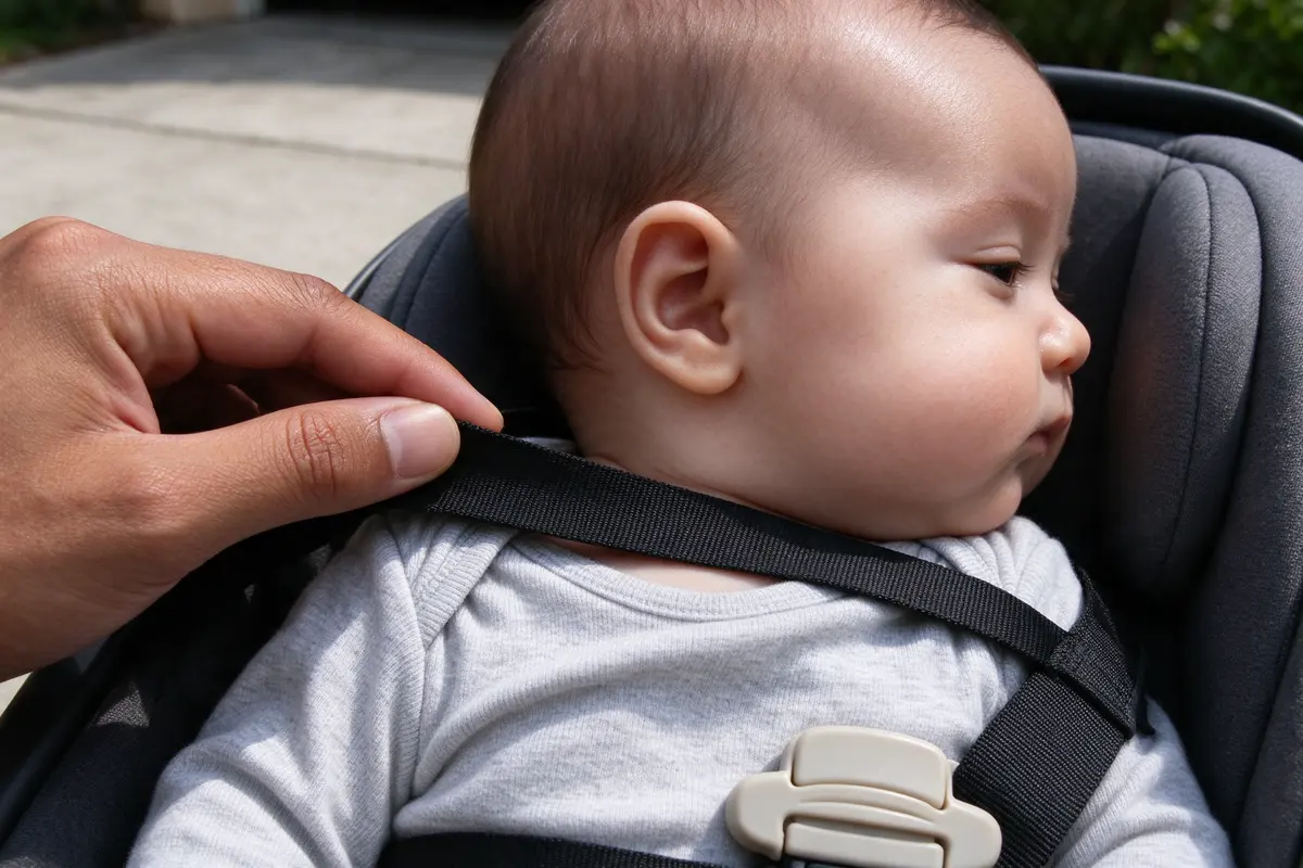Close on the father's fingers at the baby's collarbone pinching a harness strap that lies flat, the chest clip level with the armpits, the baby's round cheeks in profile.