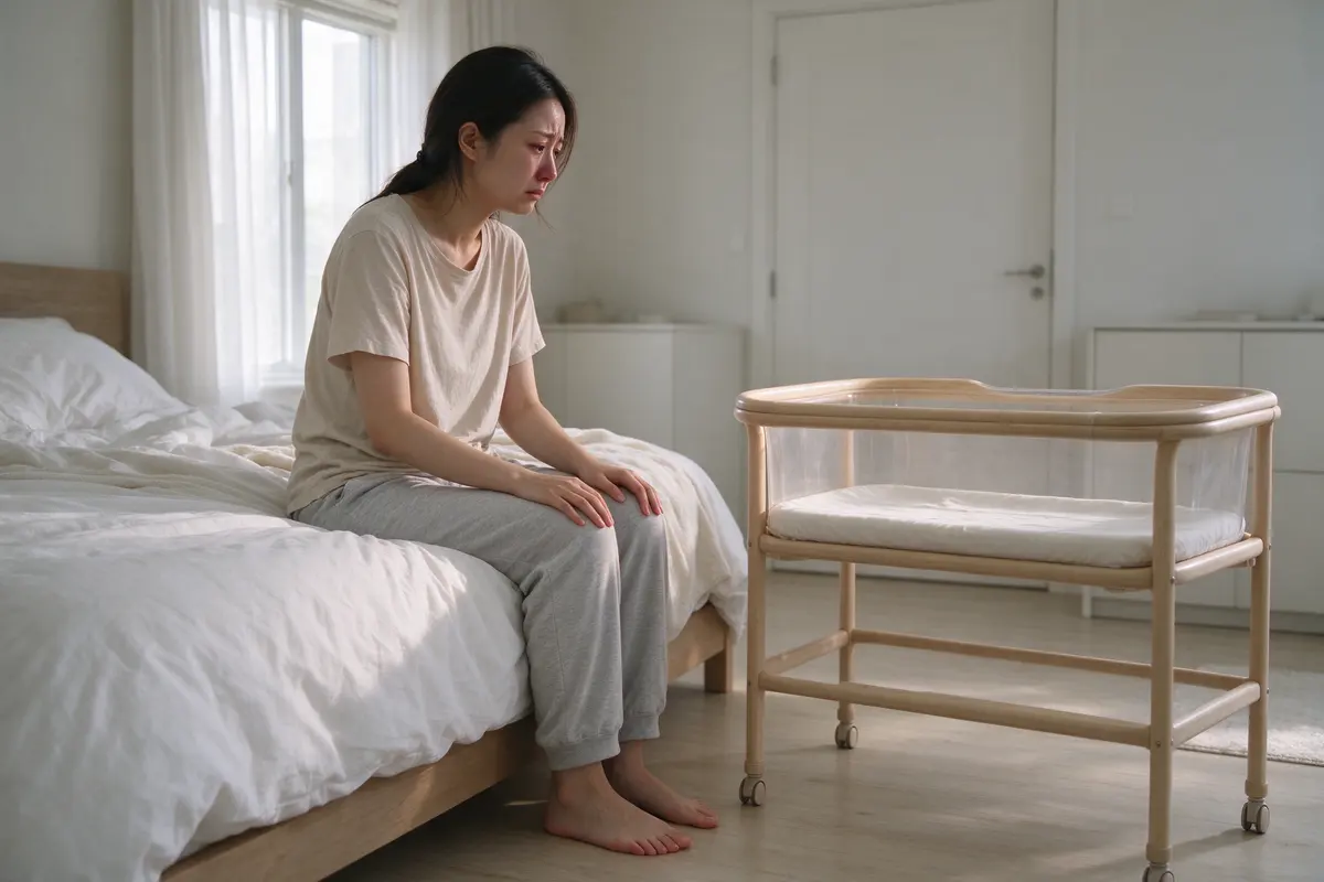 The mother sitting up on the edge of her bed in morning light, feet on the floor, one hand on her lower belly, the empty bare bassinet beside the bed.