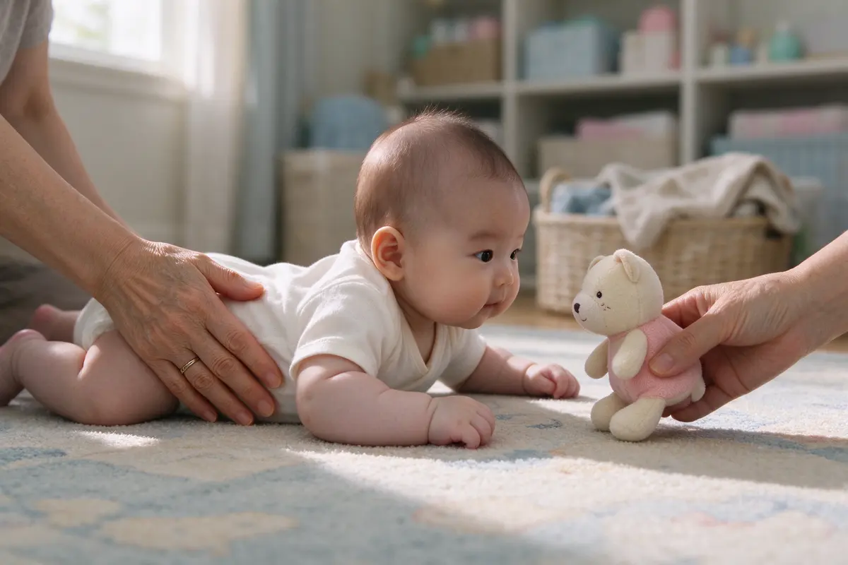 The grandmother's hand resting lightly on the baby's hip as the baby, on the rug, tips from tummy onto their side toward a soft toy she holds at eye level.