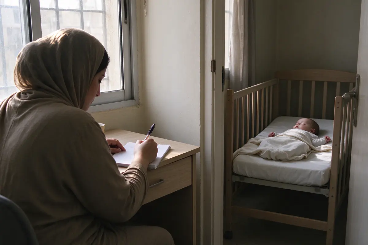 The mother at a desk by a window with a pen and a notepad turned away from the camera, the baby asleep on their back in a bare crib visible through the doorway.