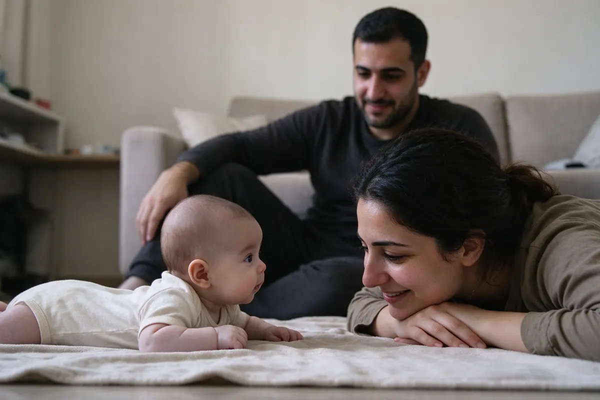 The baby on a floor blanket pushed up on forearms with head high while the mother lies on her stomach opposite, chin on her hands, and the father watches from the couch.