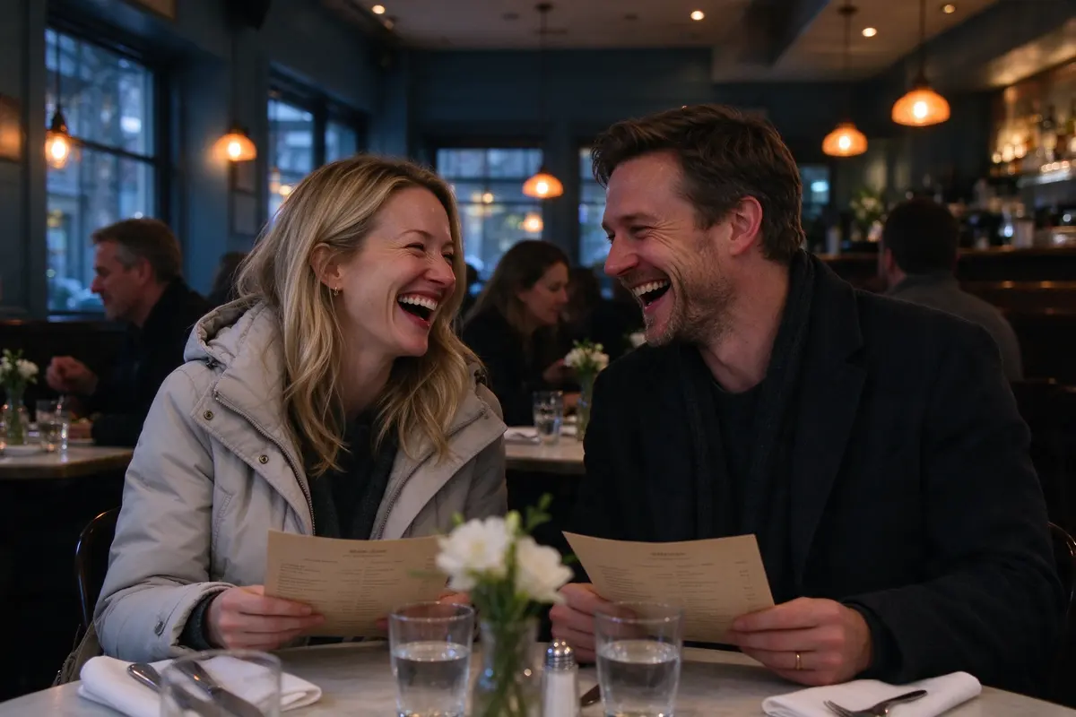 The mother and father at a small restaurant table in evening light, her coat still on, both mid-laugh over menus, no baby in frame.