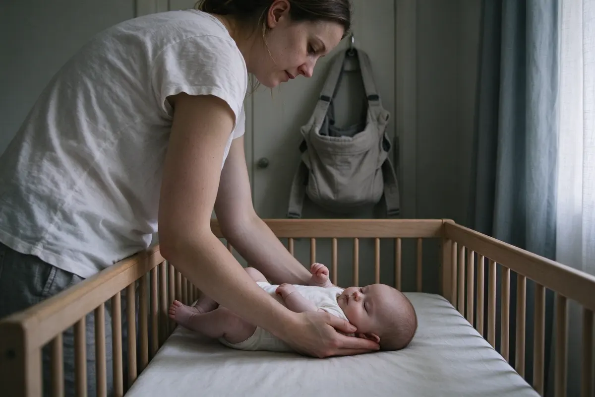 The mother lowering the drowsy baby onto their back in the bare crib, one hand under the head, the empty front carrier hanging on the door behind her.