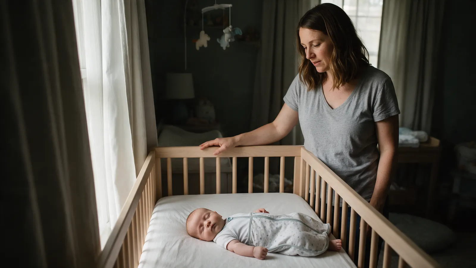 A white mother stands beside a bare crib in a dim, curtained nursery at midday, a hand on the rail, her twelve-week-old asleep on their back on the fitted sheet in a sleep sack.