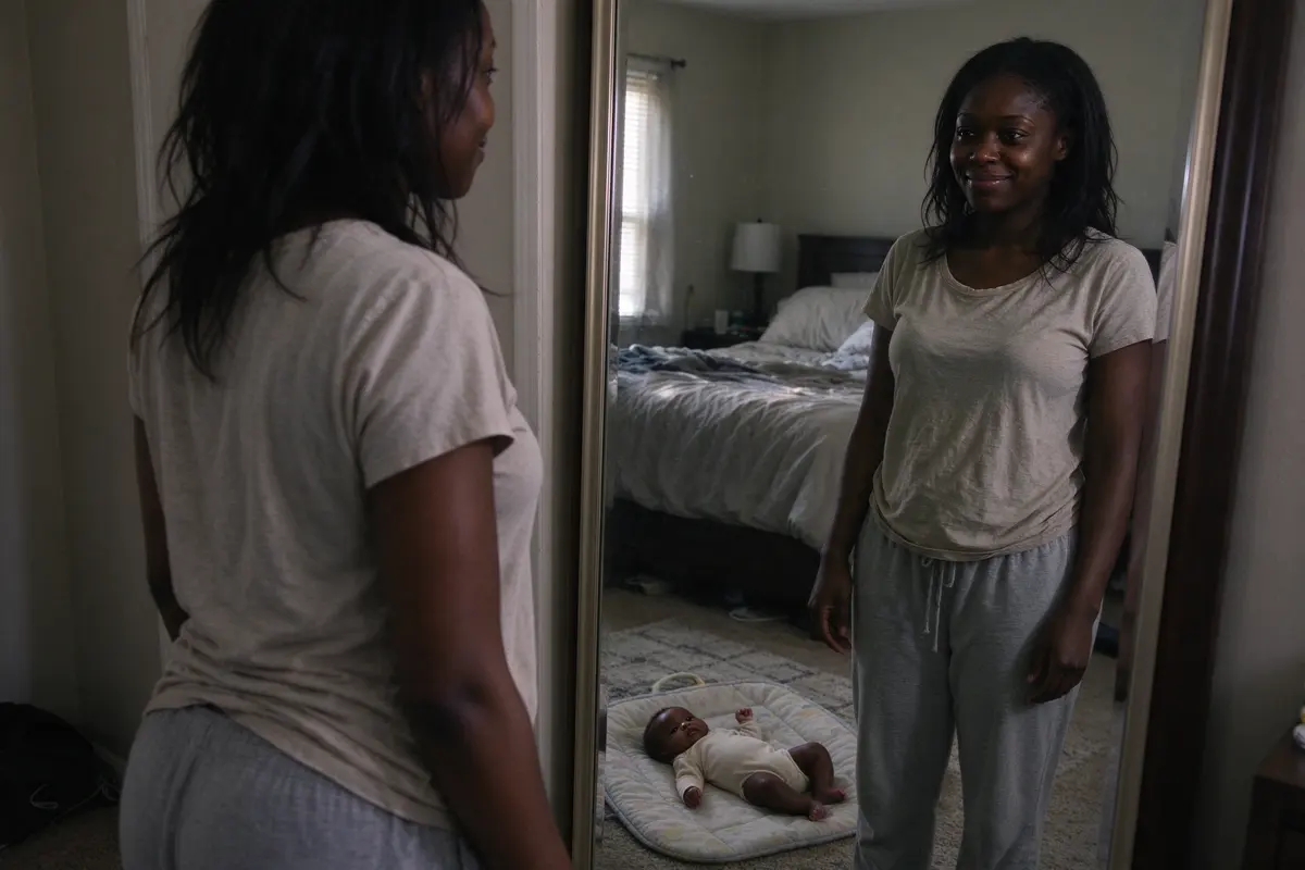 The mother at a bedroom mirror in evening light in everyday clothes, hair down, looking at herself with a small tired smile, the baby on a play mat on the floor behind her.
