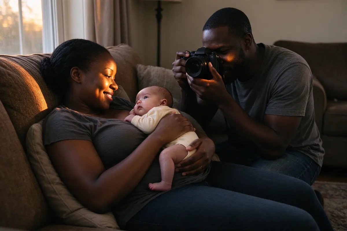 The mother reclined on the sofa, wide awake, holding the baby chest to chest in the pose from the first day, the baby's face turned to the side and lifted, the father kneeling with a camera.