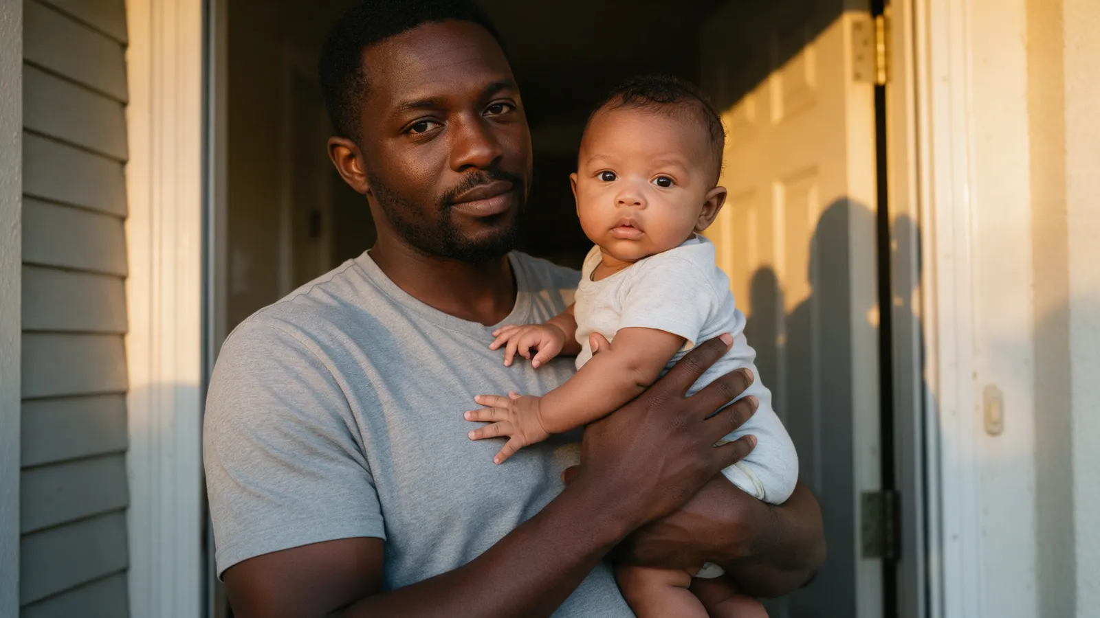 A Black father holds his three-month-old upright against his chest in a doorway in golden evening light, the baby's head steady and turned toward the camera, open hands on his shirt.