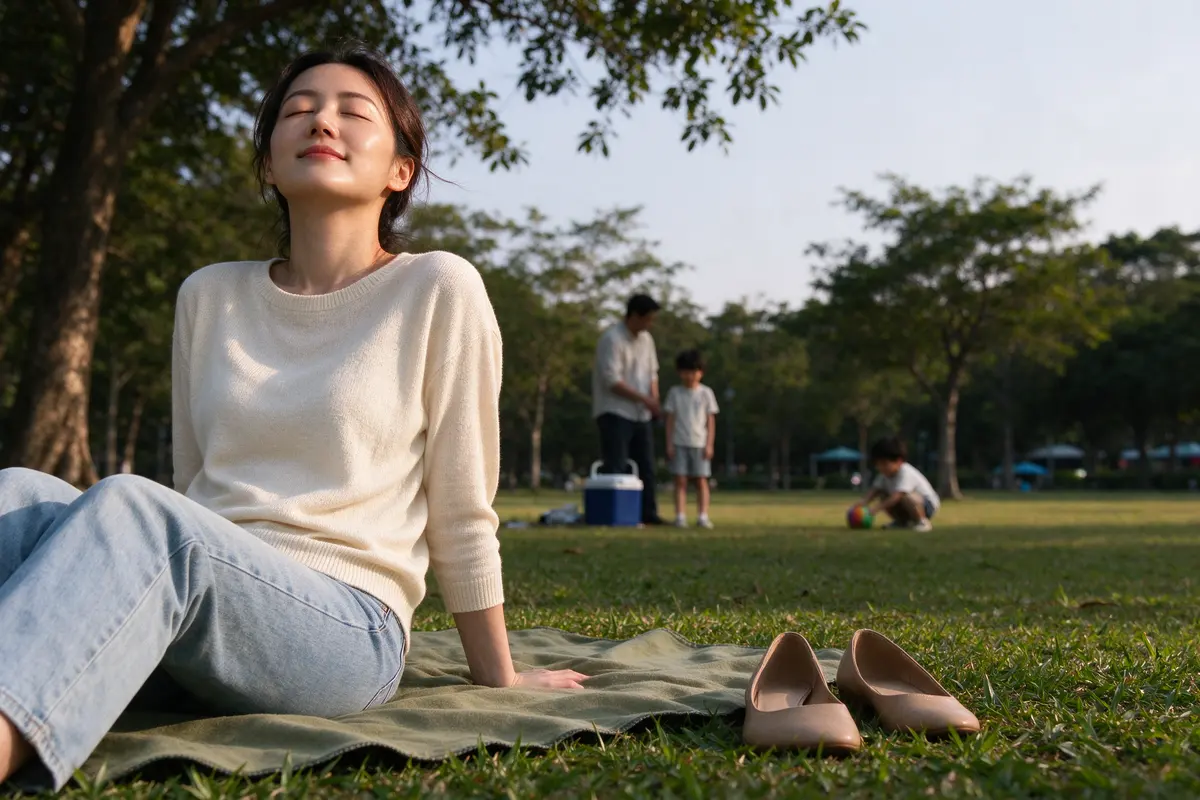 The mother alone at the edge of the picnic blanket, shoes off, face tipped up to the sun with her eyes closed, the rest of the family a few feet away and out of focus.