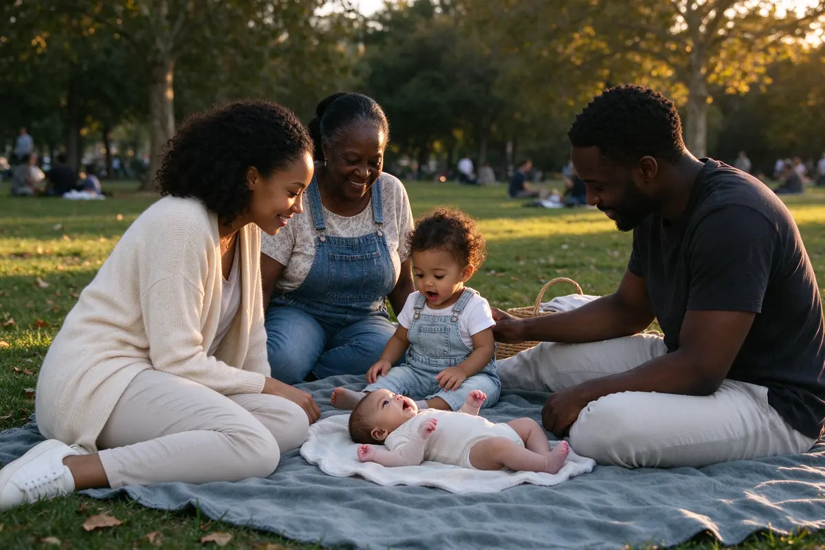 The family in a loose circle on the blanket, the toddler mid-babble at the baby, who looks up at her with an open mouth, the mother waiting with a smile and the father's hand on the toddler's back.