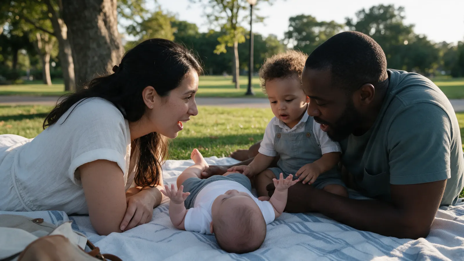 A multiracial family of four on a picnic blanket in a park in late-afternoon light, the three-month-old on their back in the middle with open hands as both parents and a toddler lean in talking.
