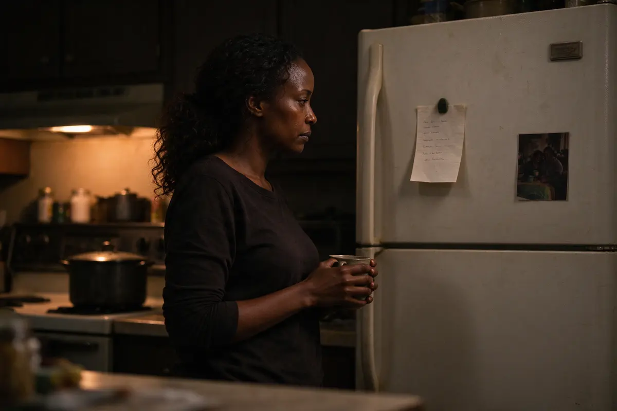 The mother alone at the kitchen counter after bedtime, a mug in both hands, reading a short handwritten list stuck to the fridge, the room dim except for the stove light.