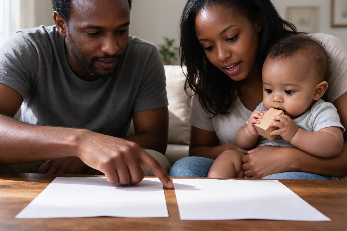 Two printed lists side by side on the coffee table, the father's finger on one line, the mother reading the other aloud, the baby on her lap chewing a wooden block.