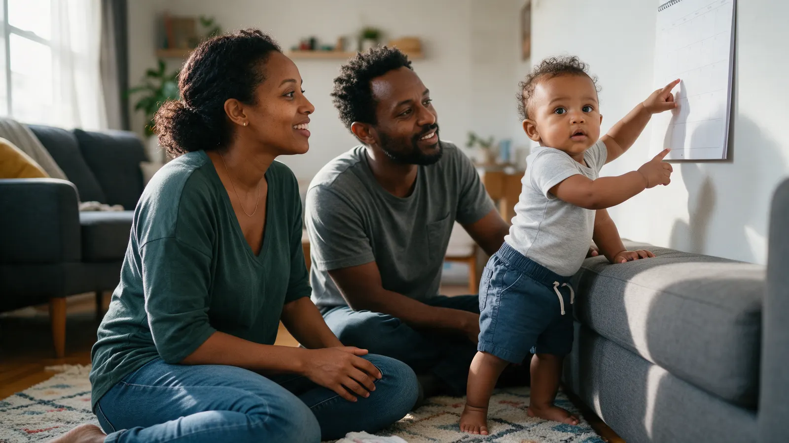 An Ethiopian-American mother and father on a living-room rug in morning light, their eleven-month-old standing at the sofa with one hand and pointing at a calendar on the wall.
