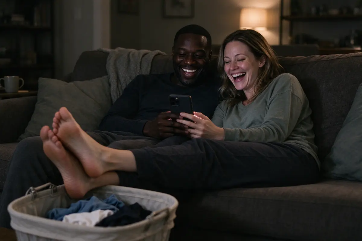 The Black father on the sofa after bedtime, the mother beside him with her feet up, both laughing at a phone video of the baby clapping, a half-folded basket of laundry at their feet.