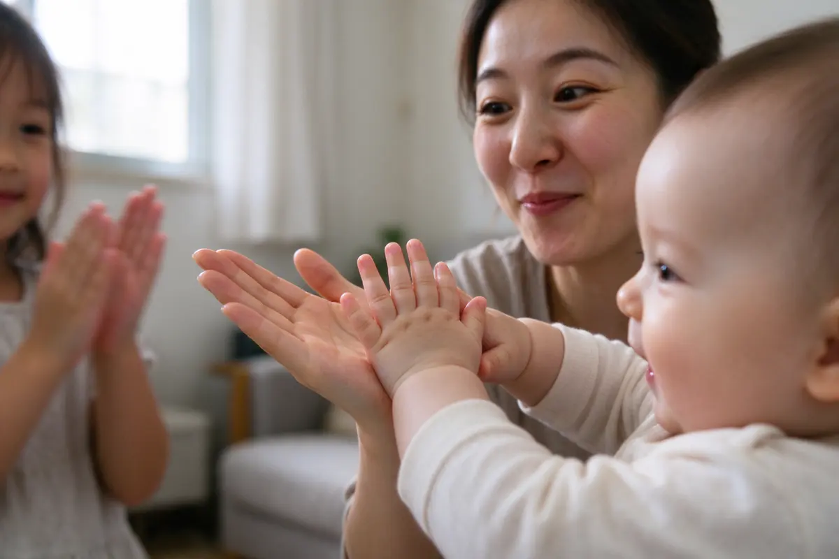 Close on the baby's two hands slapping the mother's open palms, the mother's face delighted and her mouth shut mid-verse, the sister's hands blurred in a clap at the frame's edge.