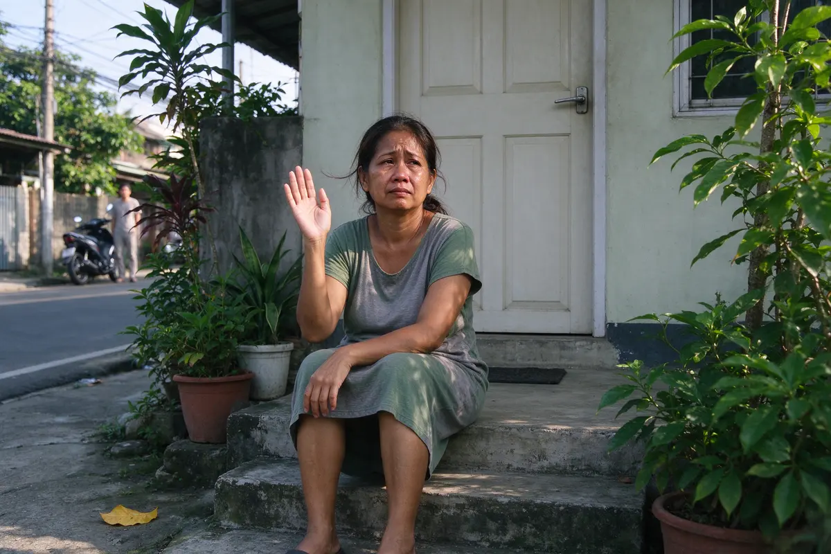 The mother alone on the front step after the goodbye, the door closed behind her, giving a small wave to a neighbor across the street, her shoulders dropping.