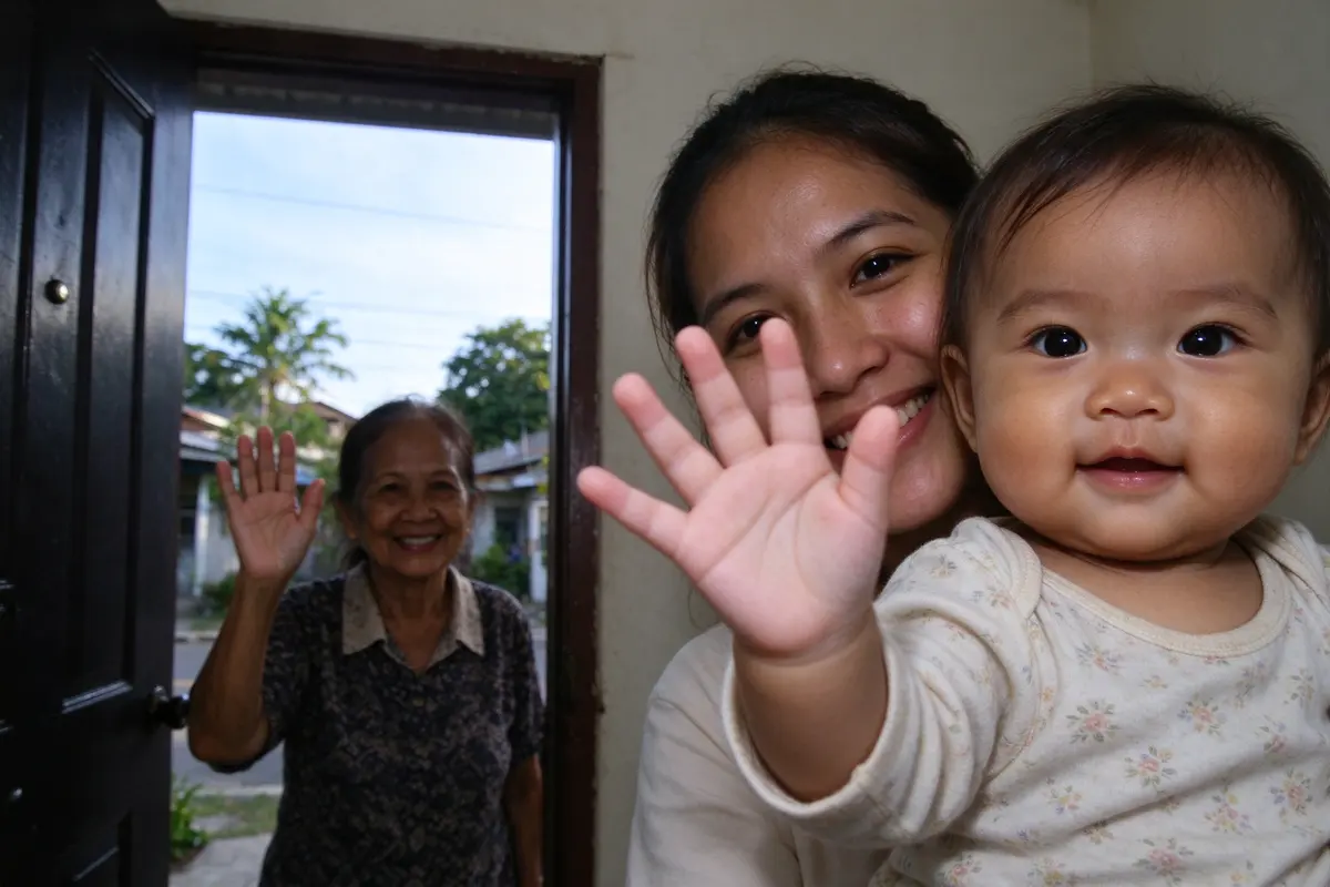 Close on the baby's open hand mid-wave beside the mother's cheek, the grandmother's wave mirrored in the doorway, the front door half open onto a bright street.