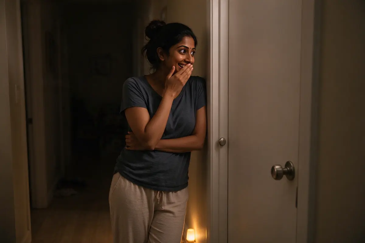 The mother in the hallway at night with her back to the nursery door, hand over her mouth, smiling at something she just heard through it, a nightlight glow at her feet.