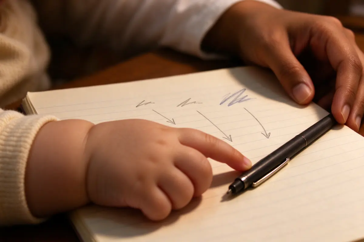 Close on a notebook page with three short sounds written in two handwritings, an arrow from each to a name, the baby's hand reaching across the page for the pen.