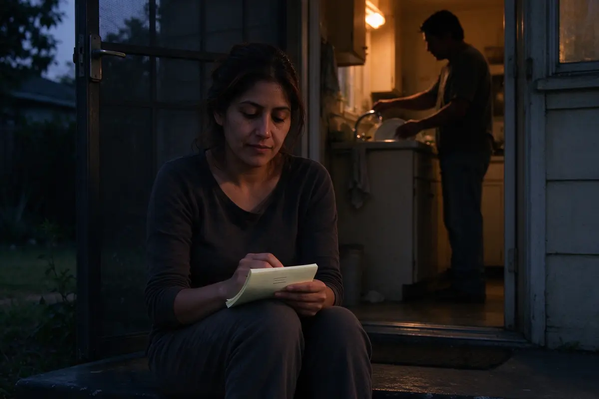 The mother sitting on the back step at dusk with a notepad on her knee showing three short lines, the father's silhouette in the lit kitchen behind her, washing up.